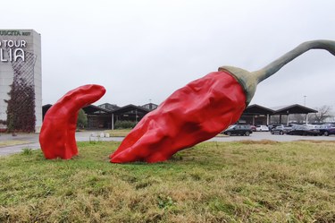 Il peperoncino di plastica nei parcheggi del Grand Tour Italia (foto di Paolo Tomasi)